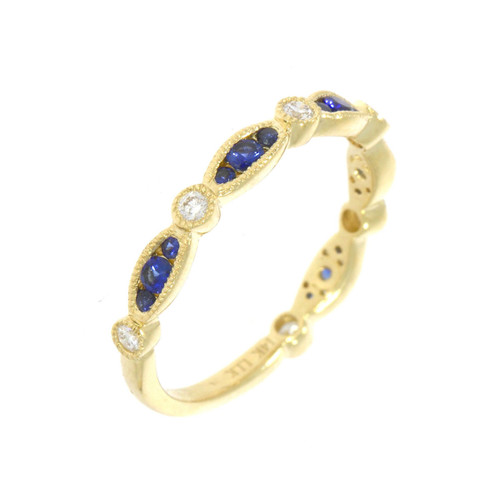 14K Yellow Gold Blue Sapphire and Diamond Scalloped Ring