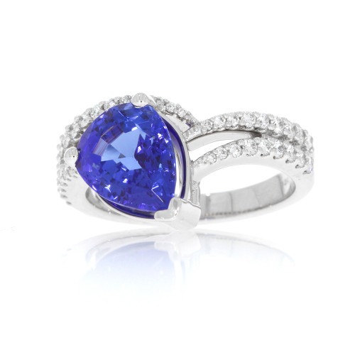 14K White Gold Pear Shape Tanzanite Bypass Ring With Diamond Accents