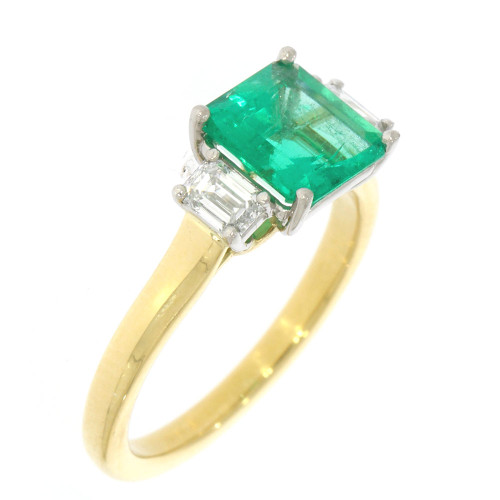 18K Yellow Gold And Platinum And Emerald Cut Emerald And Emerald Cut Diamonds Three Stone Ring