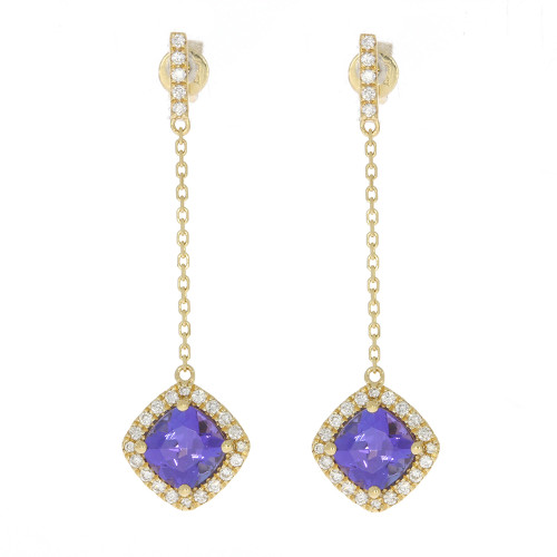 14K Yellow Gold Cushion Cut Tanzanite and Diamond Chain Dangle Earrings