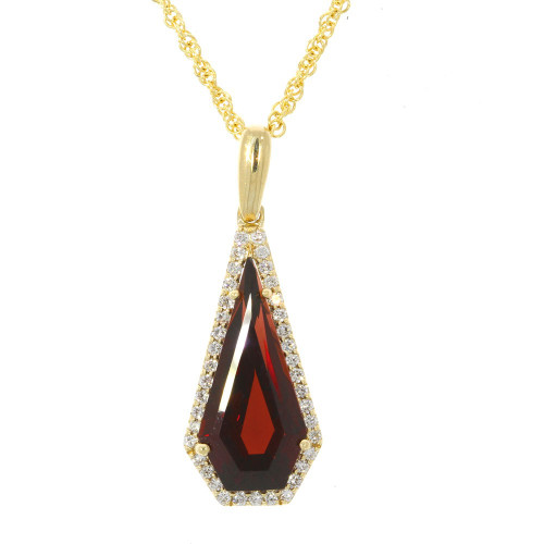 14K Yellow Gold Teardrop Garnet Pendant with Prong Set Diamond Accents