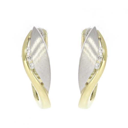 14K White and Yellow Gold and Channel Set Diamond Huggie Style Earrings