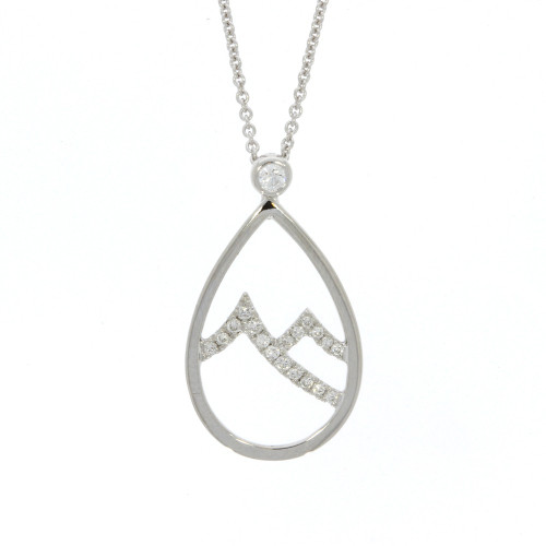 14K White Gold Teardrop Shaped Ski Slopes Diamond Mountain Pendant, with 14K White Gold 18" Cable Chain