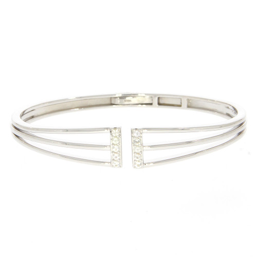 Sterling Silver and Prong Set White Sapphire Accented Hinged Bangle Bracelet