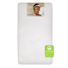 Top view of the Organic Traditions Dual-Stage Breathable Crib Mattress with label and Greenguard Gold Certification.