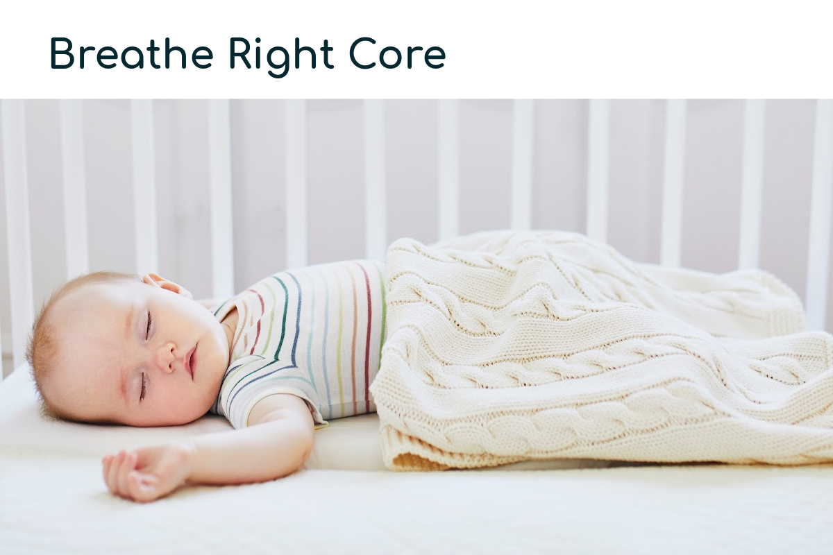 Sleeping baby in a striped shirt is on a mini crib mattress pushed against an adult mattress.