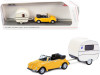 Volkswagen Beetle Kafer Convertible Yellow with Knaus Schwalbennest Travel Trailer Cream 1/87 (HO) Diecast Model Car by Schuco