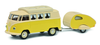 Volkswagen T1 Camper Bus with Travel Trailer Yellow and Cream 1/64 Diecast Models by Schuco