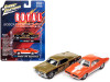 1966 Pontiac GTO "GeeTO Tiger" Gold and 1969 Pontiac GTO Royal Bobcat Orange "Pontiac Royal" Set of 2 pieces 1/64 Diecast Model Cars by Johnny Lightning
