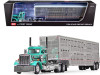 Peterbilt 359 Day Cab and Wilson Silverstar Livestock Spread-Axle Trailer Teal with Black Stripes 1/64 Diecast Model by DCP/First Gear