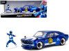 1974 Mazda RX-3 Candy Blue with White Interior and Graphics and Blue Ranger Diecast Figure "Power Rangers" "Hollywood Rides" Series 1/24 Diecast Model Car by Jada
