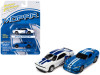 2014 Dodge Challenger R/T White with Blue Stripes and Graphics and 2008 Dodge Viper SRT10 Blue Metallic with White Stripes "MOPAR" Set of 2 Cars "2-Packs" 2023 Release 1 1/64 Diecast Model Cars by Johnny Lightning