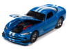 2014 Dodge Challenger R/T White with Blue Stripes and Graphics and 2008 Dodge Viper SRT10 Blue Metallic with White Stripes "MOPAR" Set of 2 Cars "2-Packs" 2023 Release 1 1/64 Diecast Model Cars by Johnny Lightning