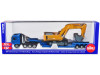 Heavy Haulage Flatbed Transporter Blue and Liebherr 974 Litronic Excavator Yellow 1/87 (HO) Diecast Models by Siku