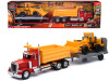 Peterbilt 379 Dump Truck Red and Wheel Loader Yellow with Flatbed Trailer "Long Haul Truckers" Series 1/32 Diecast Model by New Ray