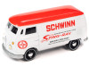 1965 Volkswagen Type 2 Transporter Van White w/ Red Top "Schwinn" & 1976 Ford Econoline Van White with Red & Blue Graphics "Mongoose USA Factory Team" "BMX Freestyle" Set of 2 Cars "2-Packs" 2023 Release 2 1/64 Diecast Model Cars by Johnny Lightning