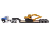 CAT Caterpillar CT660 Day Cab Tractor Blue Metallic with Lowboy Trailer and CAT 315C L Hydraulic Excavator Yellow 1/87 (HO) Diecast Model by Diecast Masters