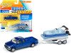 2004 Ford F-250 Pickup Truck Sonic Blue Metallic with Pontoon Boat Limited Edition to 4,552 pieces Worldwide "Hulls & Haulers" Series 2 "Johnny Lightning 50th Anniversary" 1/64 Diecast Model Car by Johnny Lightning