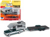 1993 Ford F-150 Metallic Green with Silver Camper and Chrome Open Car Trailer Limited Edition to 3,964 pieces Worldwide "Truck and Trailer" Series 3 1/64 Diecast Model Car by Johnny Lightning