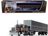 Peterbilt 359 with 63" Flattop Sleeper Cab with 53' Utility Tautliner Spread-Axle Trailer Black with Gold and Red Stripes 1/64 Diecast Model by DCP/First Gear