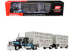 1/64 First Gear Peterbilt Model 389 (Black & Cyan Blue) with 36” Flat Top Sleeper & 28’ Wilson Silverstar Double Livestock Trailers Diecast Car Model