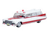 1959 Cadillac Miller-Meteor Ambulance Red and White 1/100 Scale Diecast Model Car by Oxford Diecast