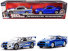 Brian's Nissan Skyline GT-R (BNR34) Silver with Blue Stripes and Nissan GT-R (BNR34) Blue Metallic Set of 2 pieces "Fast & Furious" Series 1/32 Diecast Model Cars by Jada