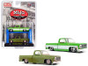 1975 Chevrolet Silverado Pickup Truck Bright Green with 1975 Chevrolet Silverado Pickup Truck Green (Dirty Version) Set of 2 pieces with Auto-Lift "MiJo Speed Shop" Limited Edition to 7200 pieces Worldwide 1/64 Diecast Model Cars by M2 Machines