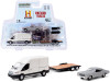 2015 Ford Transit LWB High Roof Van White with 1970 Chevrolet Chevelle Malibu Gray (Unrestored) and Flatbed Trailer "American Pickers" (2010) TV Series "Hollywood Hitch and Tow" Series 8 1/64 Diecast Model Cars by Greenlight