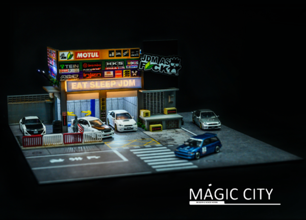 1/64 Magic City JDM Car Modification Shop Diorama (car models and