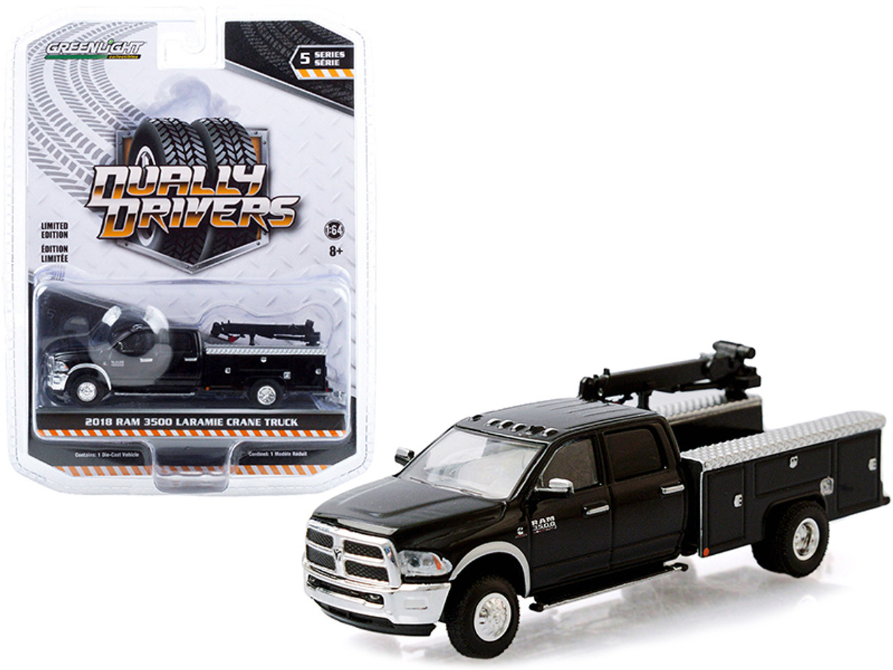 2018 Ram 3500 Laramie Dually Crane Truck Brilliant Black "Dually Drivers" Series 5 1/64 Diecast Model Car by Greenlight