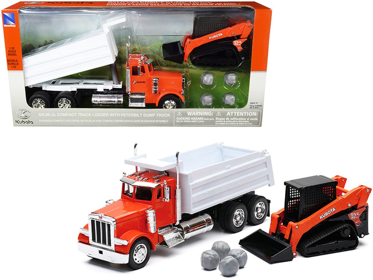 Peterbilt Dump Truck "Kubota" Orange and White with Kubota SVL95-2s Compact Track Loader Orange and Black and Boulders Set of 2 pieces 1/32 Diecast Models by New Ray