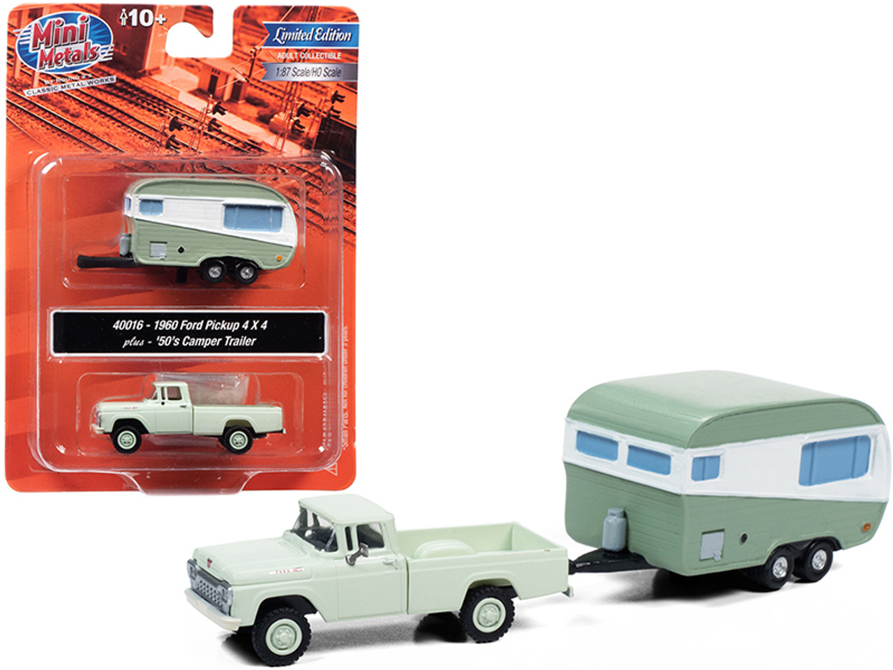 1960 Ford 4x4 Pickup Truck and 1950's Camper Travel Trailer Adriatic Green 1/87 (HO) Scale Model Car by Classic Metal Works