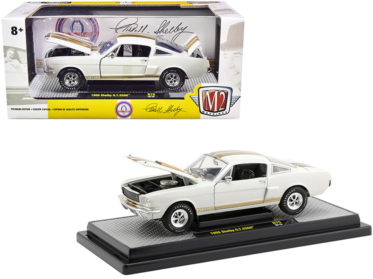 1966 Ford Mustang Shelby GT350H Wimbledon White with Gold Stripes Limited Edition to 5880 pieces Worldwide 1/24 Diecast Model Car by M2 Machines