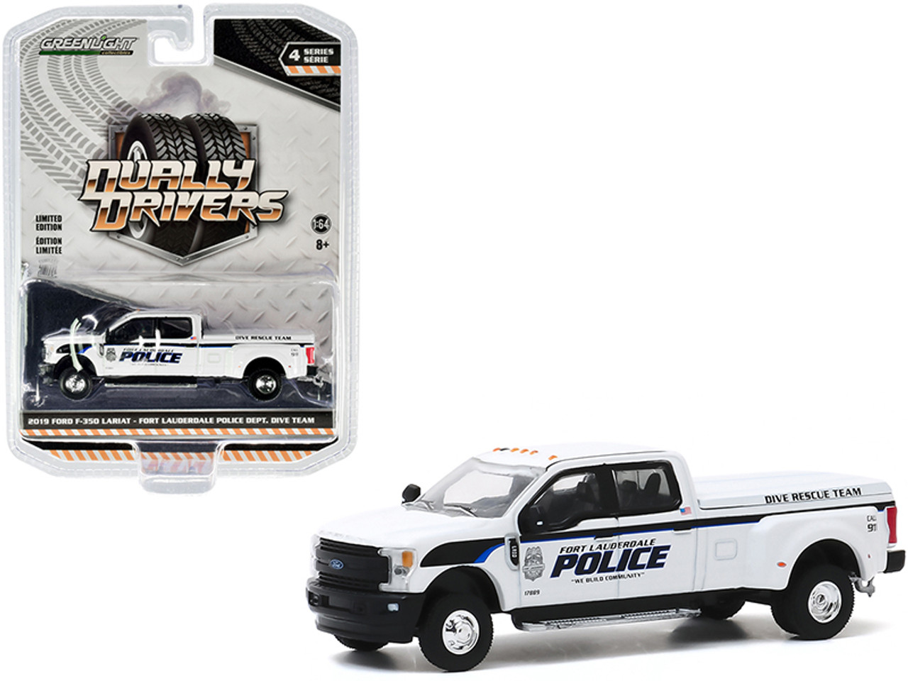 2019 Ford F-350 Lariat Dually Pickup Truck White "Fort Lauderdale Police Department" Dive Rescue Team (Florida) "Dually Drivers" Series 4 1/64 Diecast Model Car by Greenlight