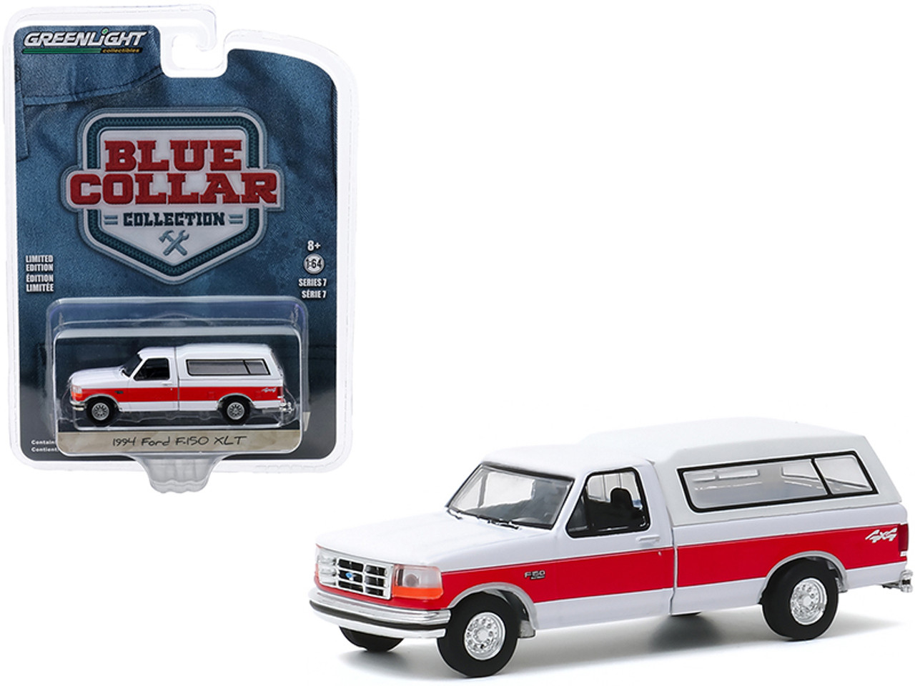 1994 Ford F-150 XLT 4x4 Pickup Truck with Camper Shell White with Red Stripe "Blue Collar Collection" Series 7 1/64 Diecast Model Car by Greenlight