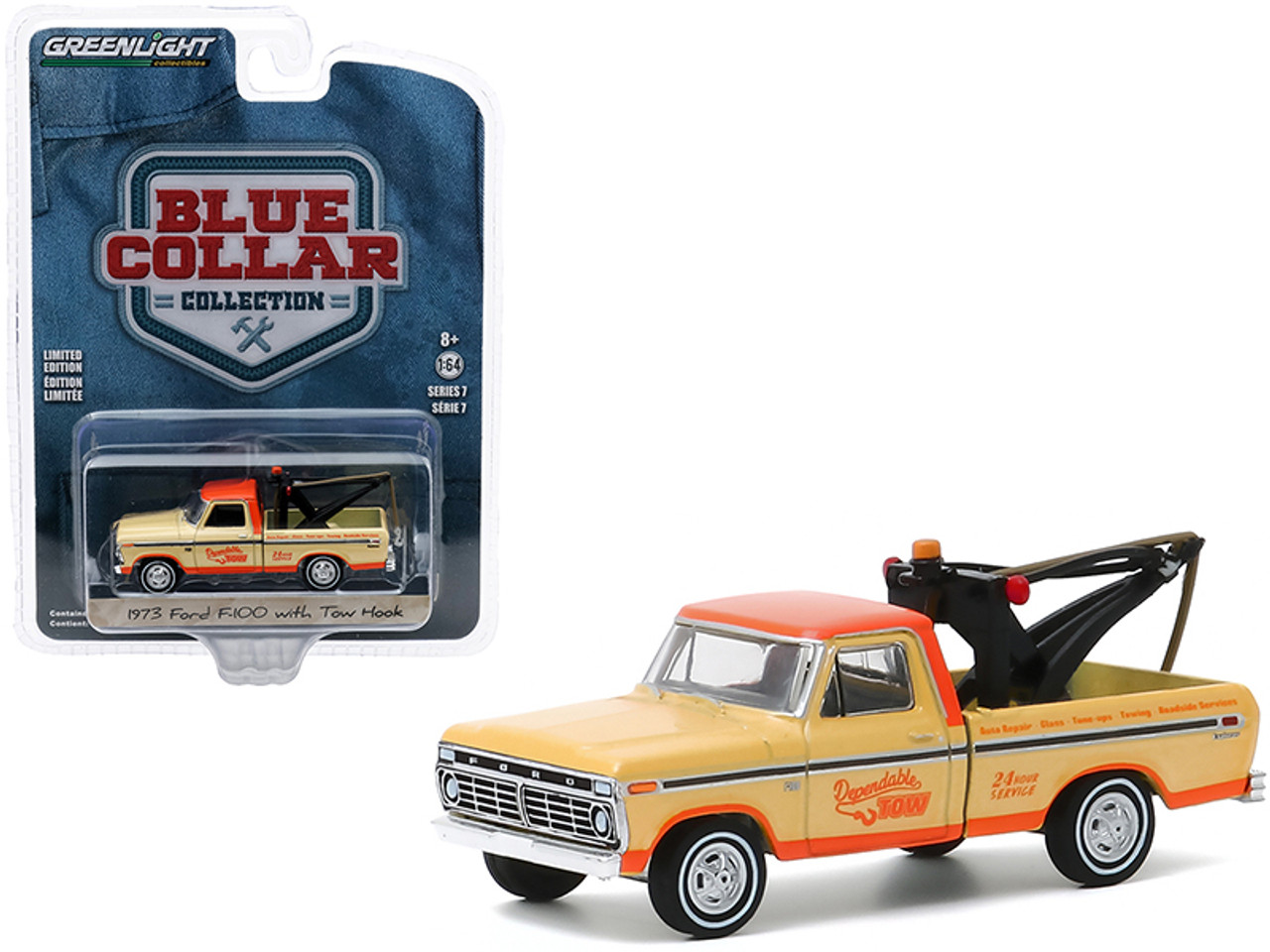 1973 Ford F-100 Tow Truck with Tow Hook "Dependable Tow" Yellow and Orange "Blue Collar Collection" Series 7 1/64 Diecast Model Car by Greenlight