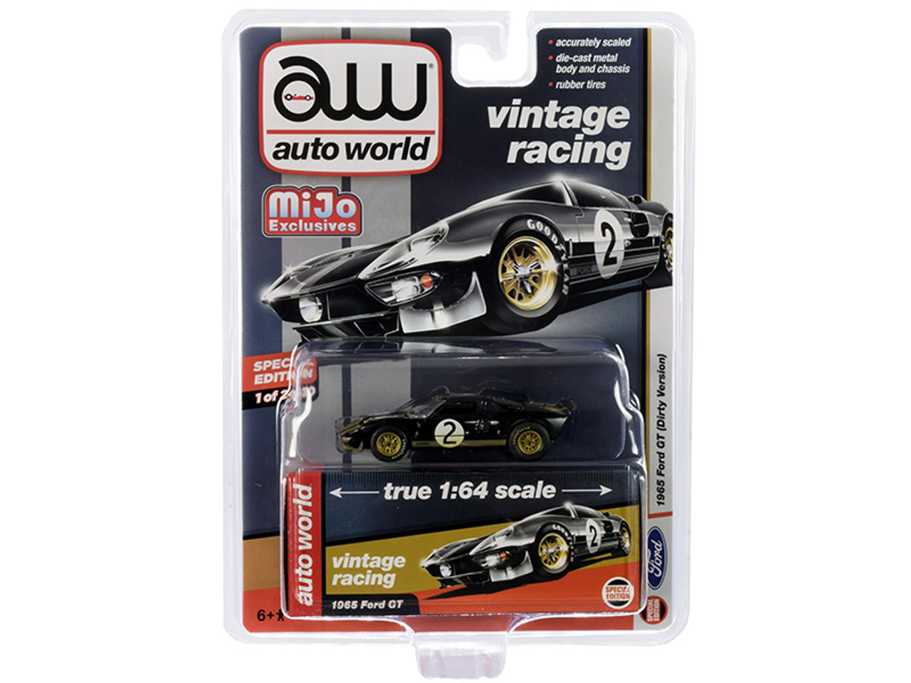 1965 Ford GT #2 Black with Silver Stripes (Dirty Version) "Vintage Racing" Limited Edition to 2400 pieces Worldwide 1/64 Diecast Model Car by Autoworld