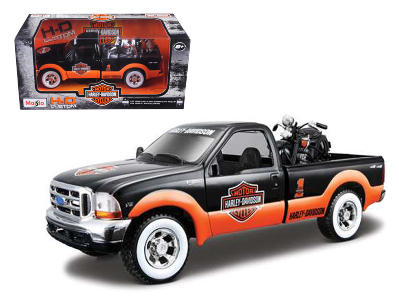 1999 Ford F-350 Pickup Truck with Harley Davidson 1936 El Knucklehead  Motorcycle 1/24 Orange/Black & White Wheels by Maisto