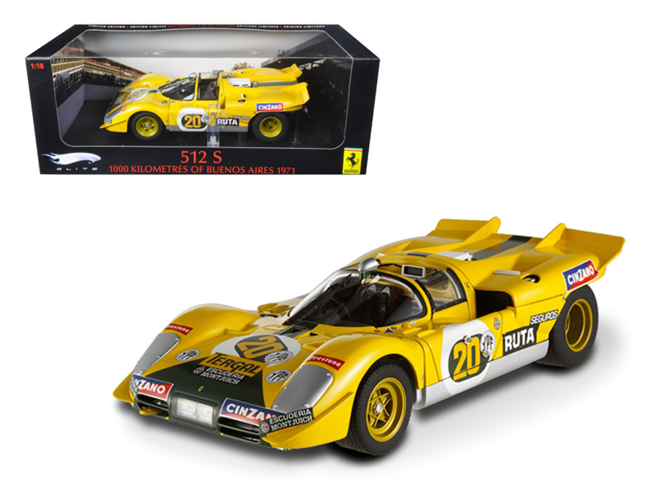 Ferrari 512 S #20 Yellow 1000 Kilometres of Buenos Aires 1971 Elite Edition 1/18 Diecast Model Car by Hotwheels