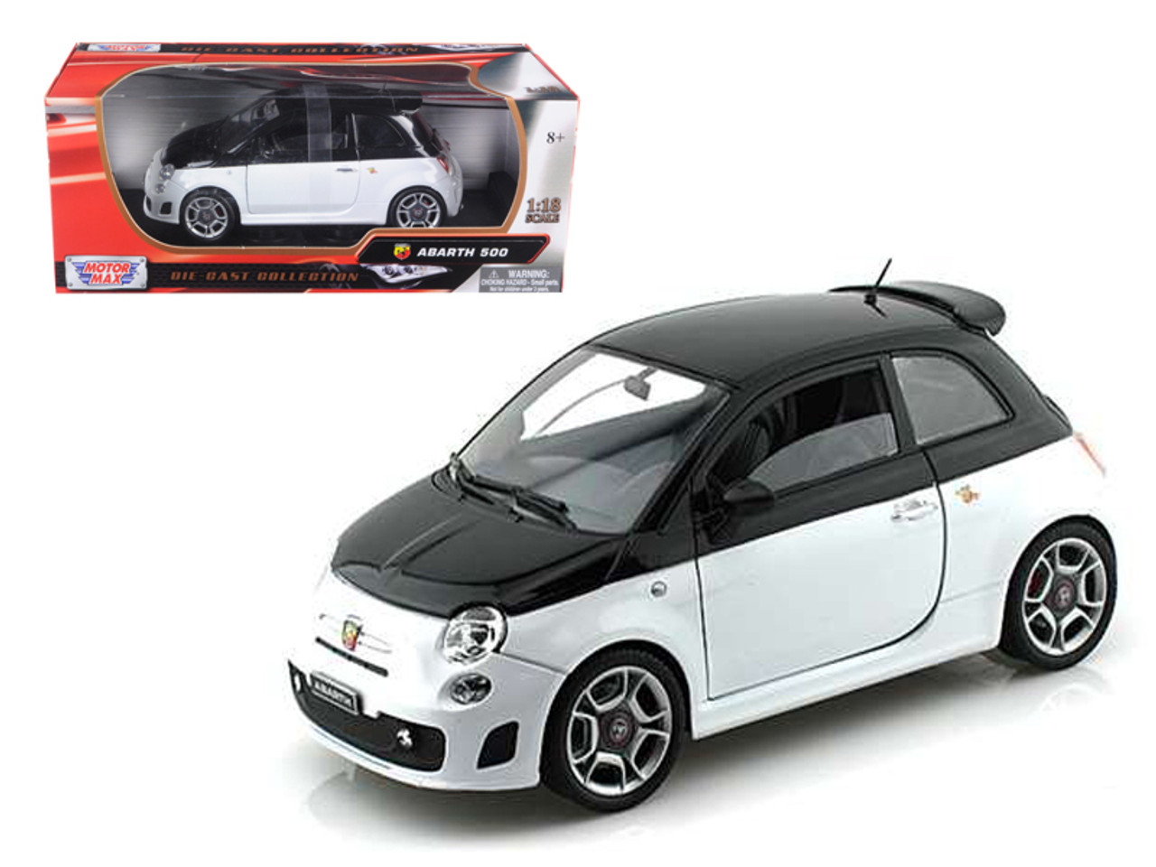 Fiat Abarth 500 White/Black 1/18 Diecast Car Model by Motormax