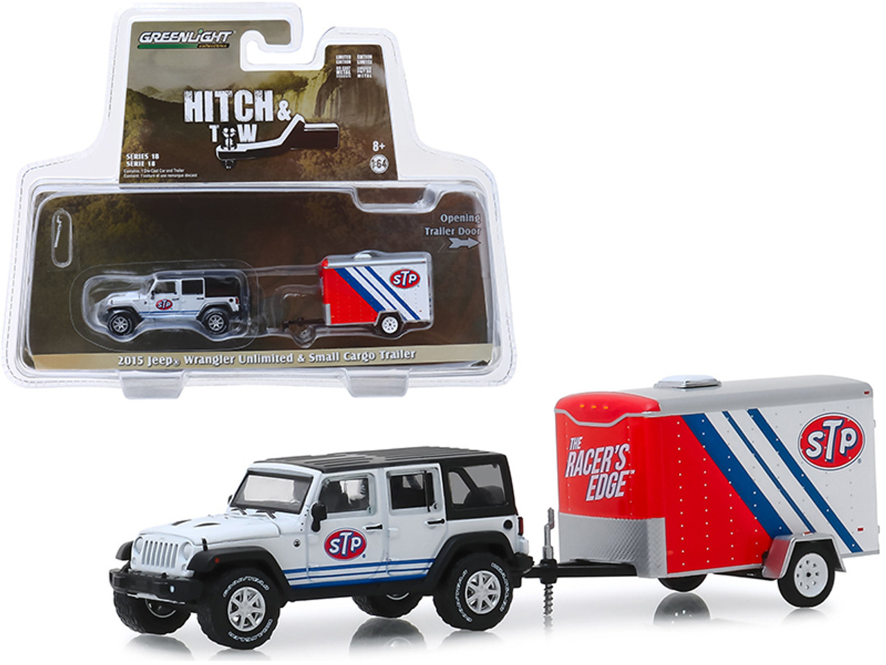 2015 Jeep Wrangler Unlimited "STP" White with Black Top and "STP" Small Cargo Trailer "Hitch & Tow" Series 18 1/64 Diecast Model Car by Greenlight