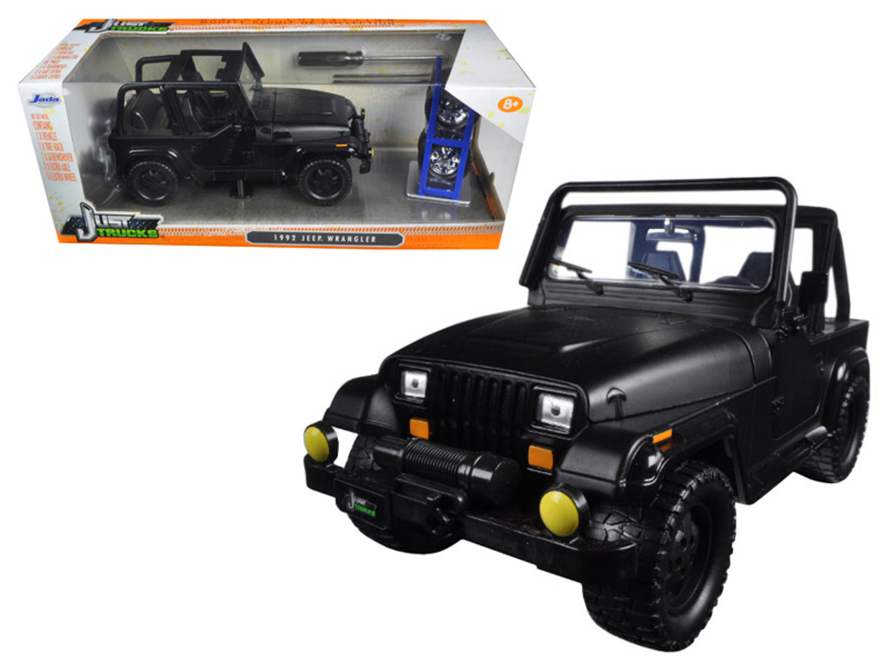 1992 Jeep Wrangler "Just Trucks" with Extra Wheels Matt Black 1/24 Diecast Model Car by Jada