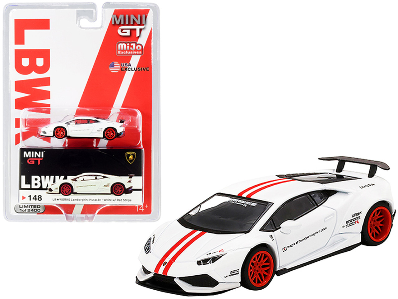 Lamborghini Huracan Version 1 LB Works White with Red Stripes Limited Edition to 2400 pieces Worldwide 1/64 Diecast Model Car by True Scale Miniatures