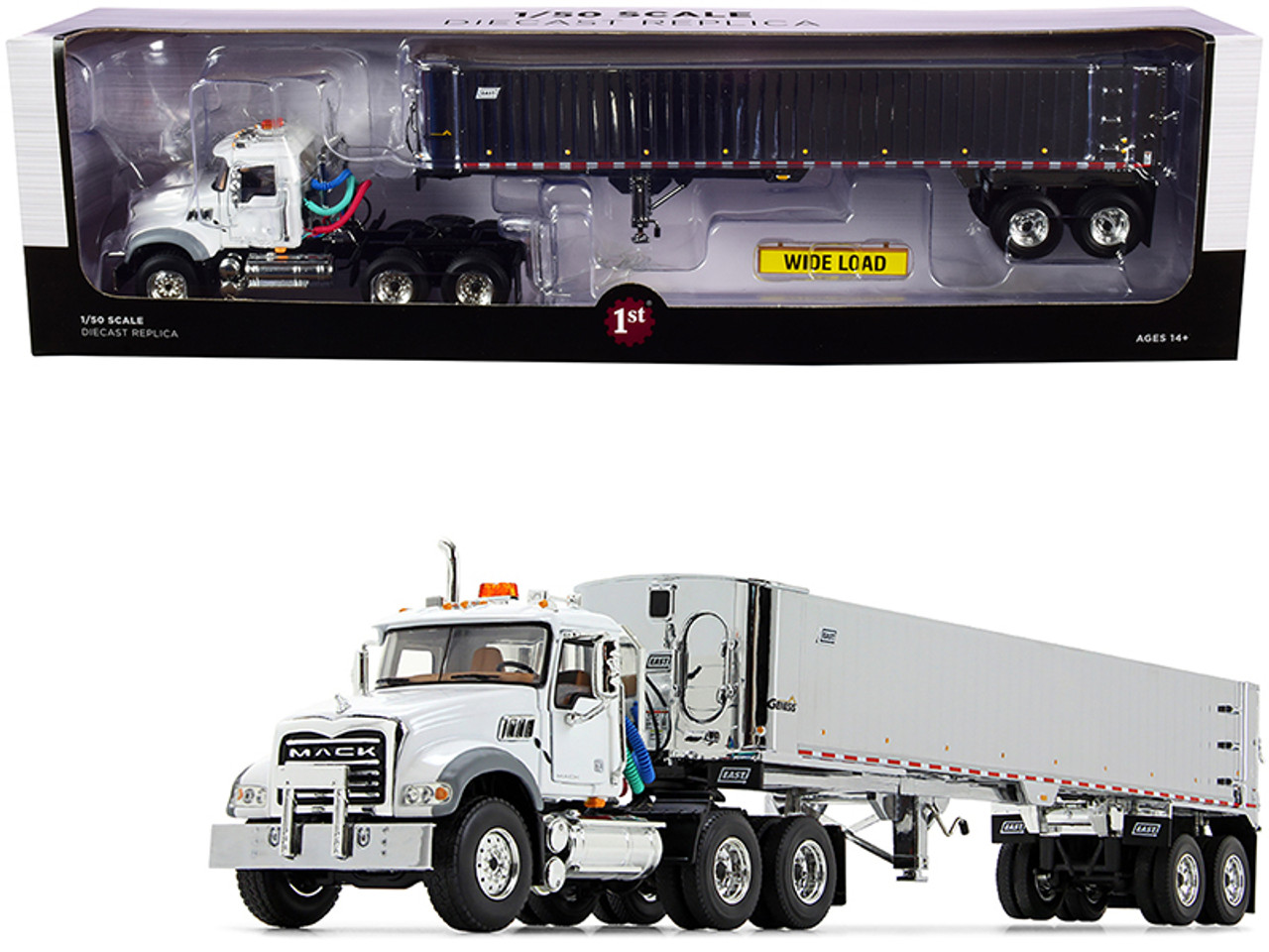 Mack Granite MP Tandem-Axle Day Cab with East Genesis End Dump Trailer White and Chrome 1/50 Diecast Model by First Gear