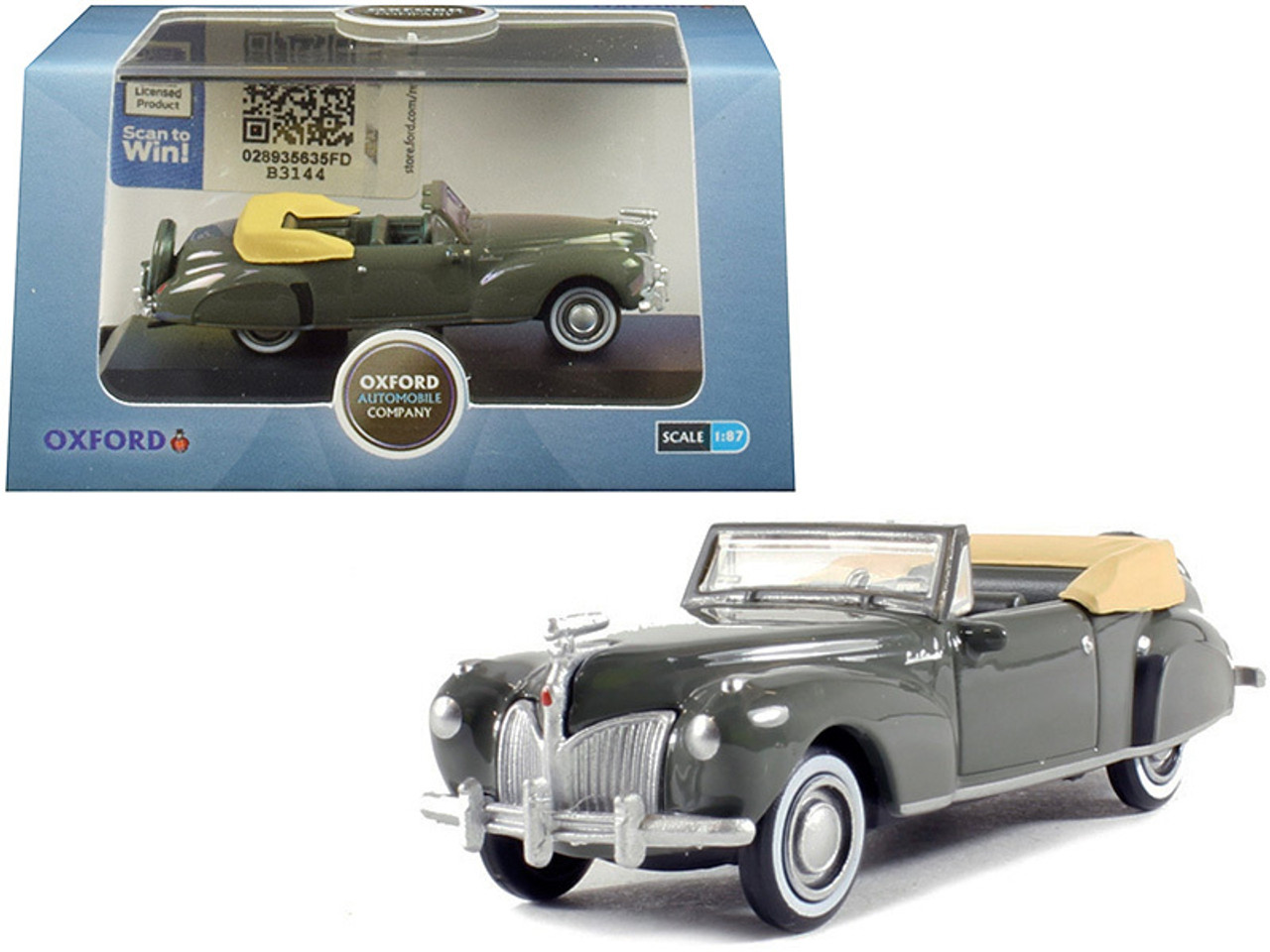 1941 Lincoln Continental Convertible Pewter Gray 1/87 (HO) Scale Diecast Model Car by Oxford Diecast