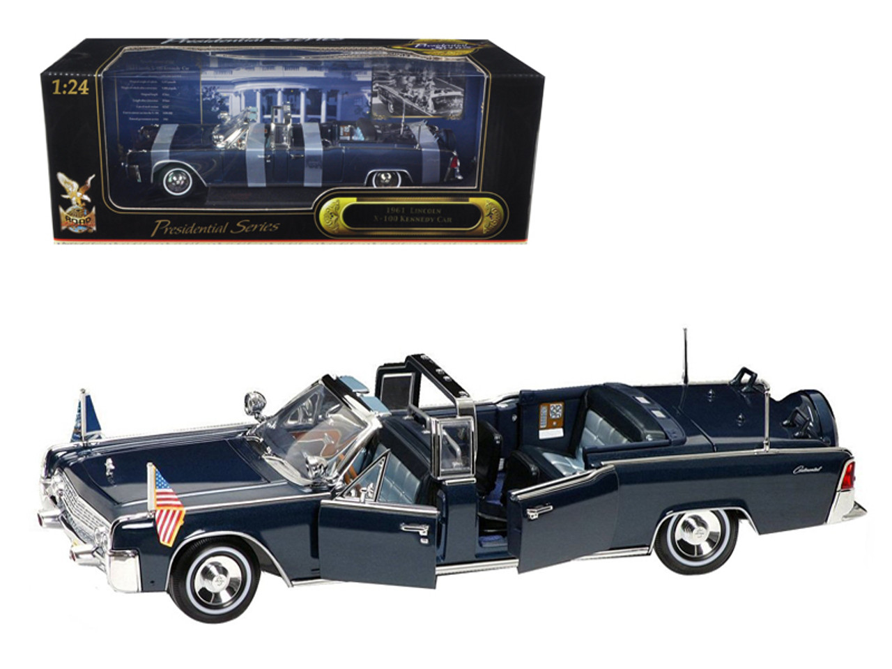 1961 Lincoln X-100 Kennedy Limousine Blue with Flags 1/24 Diecast Model Car  by Road Signature