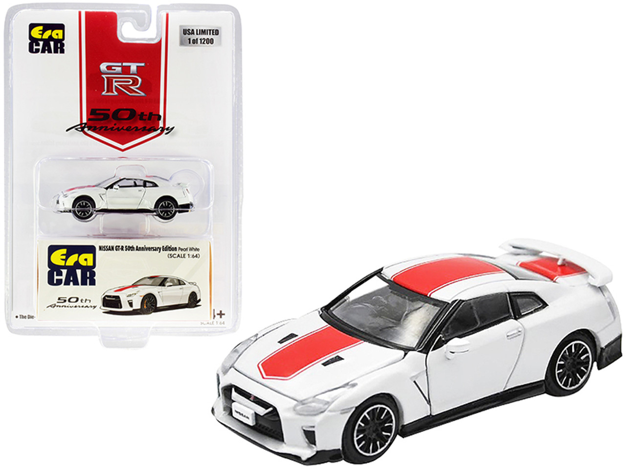 Nissan GT-R RHD (Right Hand Drive) Pearl White with Red Stripe "50th Anniversary Edition" Limited Edition to 1200 pieces 1/64 Diecast Model Car by Era Car
