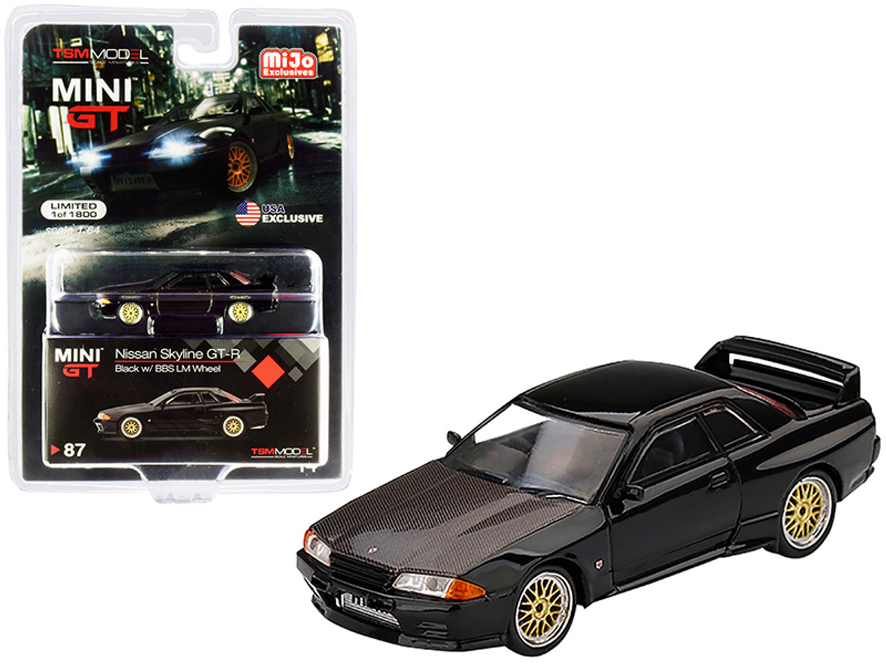 Nissan Skyline GT-R (R32) RHD (Right Hand Drive) Black with BBS LM Wheels and Carbon Hood Limited Edition to 1800 pieces Worldwide 1/64 Diecast Model Car by True Scale Miniatures