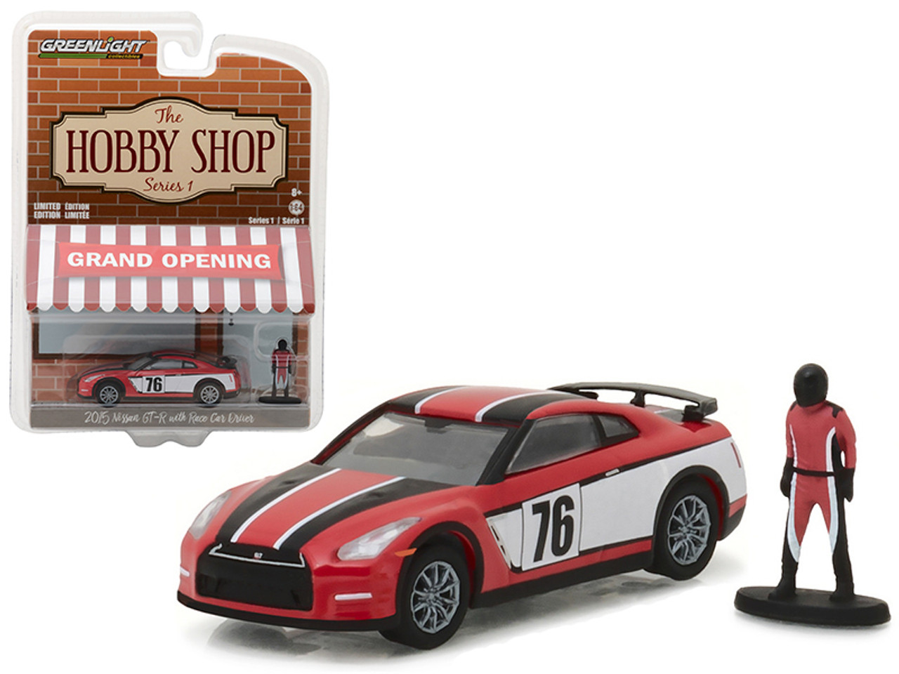 2015 Nissan GT-R R35 Red #76 with Race Car Driver "The Hobby Shop" Series 1 1/64 Diecast Model Car by Greenlight